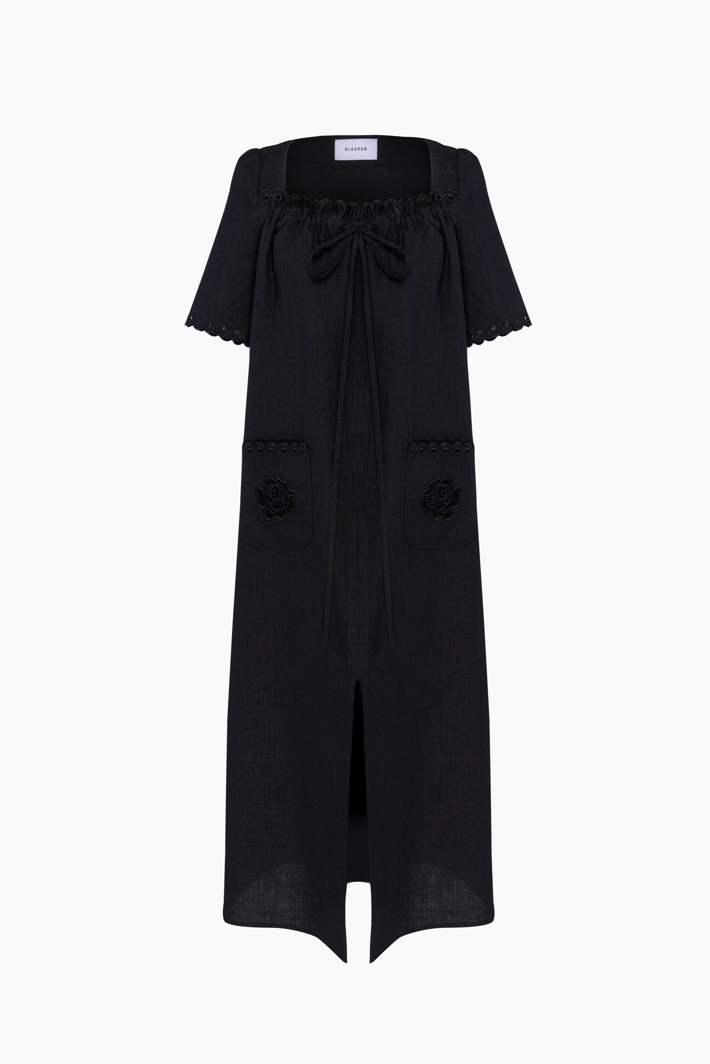 Лляна Міді Сукня з Вишивкою Sofia у Чорному