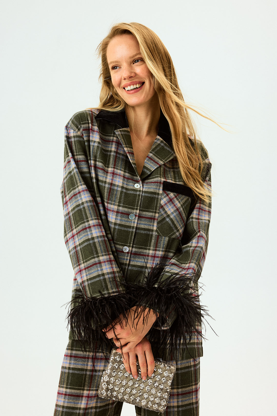 Комплект з фланелі у зелену клітинку зі знімним пір'ям
