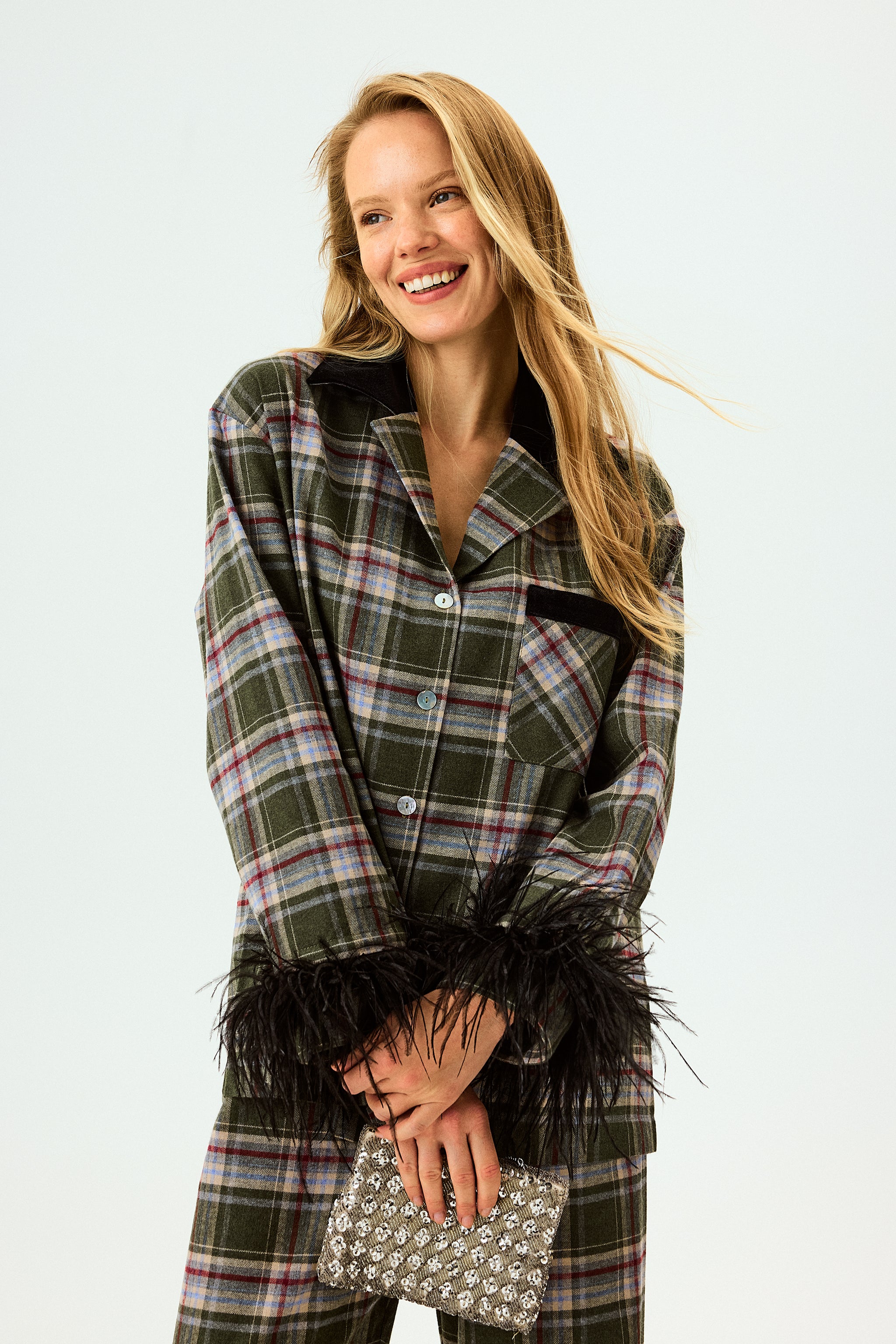 Комплект з фланелі у зелену клітинку зі знімним пір'ям